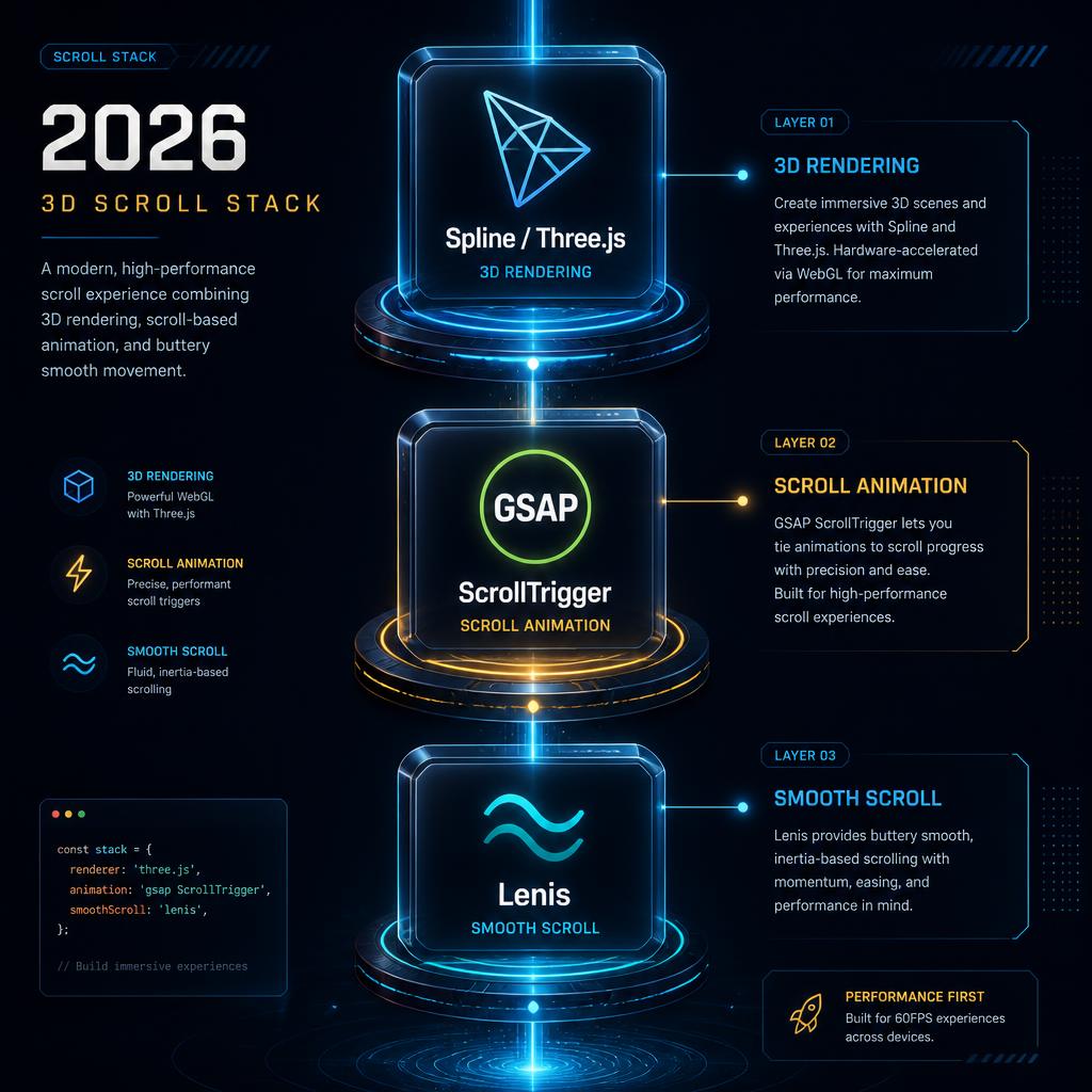 The 2026 3D scroll stack as a vertical pipeline of glowing tool nodes, Spline and Three.js at the top, GSAP ScrollTrigger in the middle, Lenis smooth scroll at the bottom, connected by light beams on a deep navy background with electric-blue and gold accents.