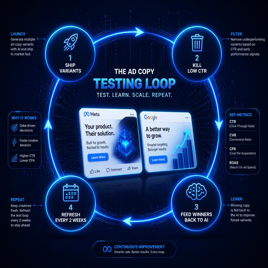 The AI ad copy testing loop | a circular feedback cycle with four glowing nodes: ship variants, kill low CTR, feed winners back to the AI, and refresh every two weeks, on a deep navy background with electric blue glow.