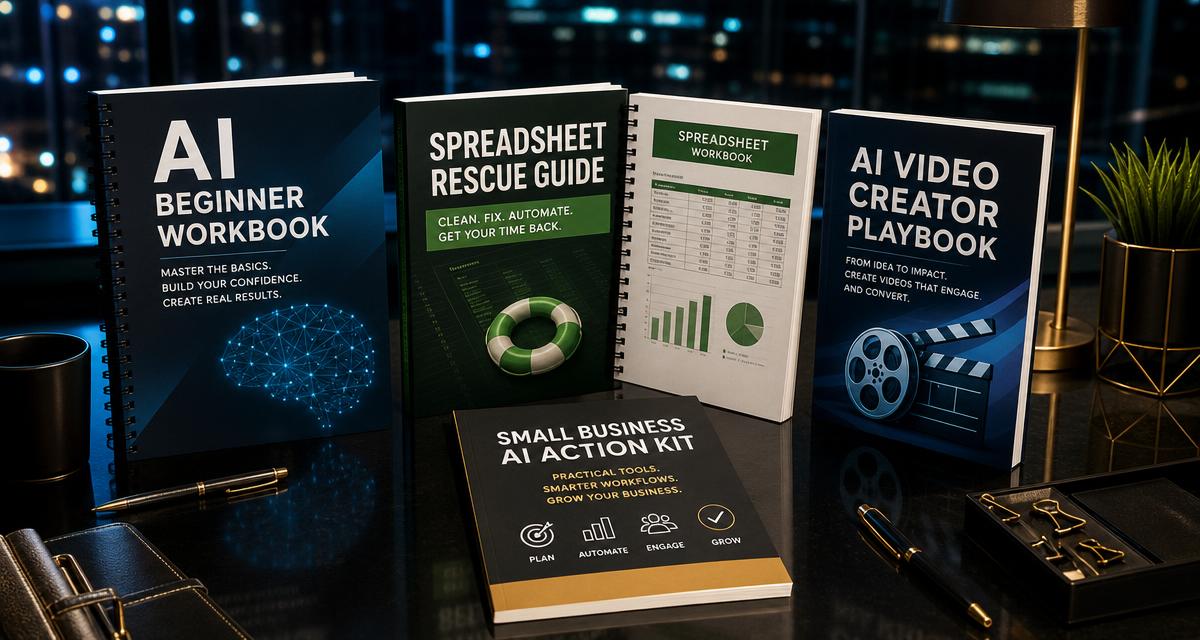 Market Me Global Academy affordable AI digital downloads Four affordable AI learning downloads for beginners, spreadsheet practice, video creation and small business workflows