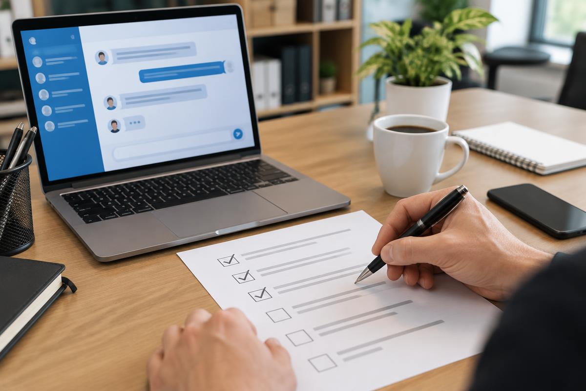 Business owner ticking a test checklist next to a laptop chat window