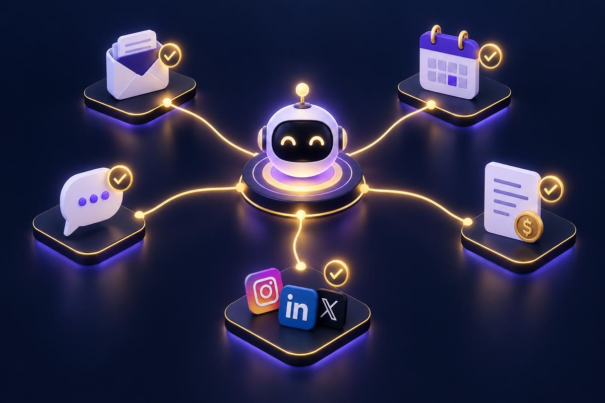 A central AI agent hub connected by light paths to five completed small business tasks: email, calendar, chat, invoices and social content