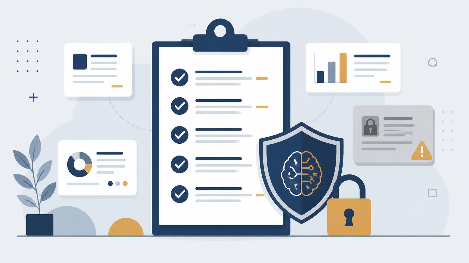 Workplace AI safety checklist with a shield and lock, showing confidential data kept out of AI tools