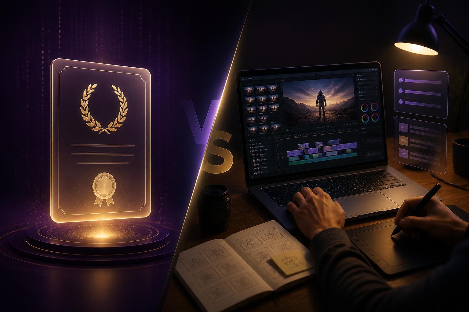 AI certification versus AI course comparison, a glowing certificate on one side and hands-on AI marketing work on a laptop on the other