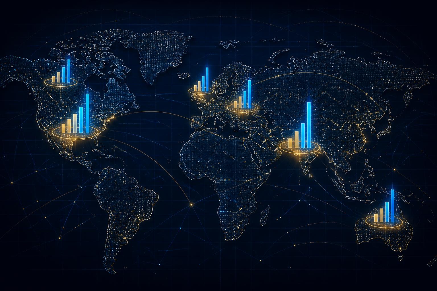 World map of AI certification search demand in 2026 with bar charts over the United States, India, United Kingdom, Canada, Australia and Germany