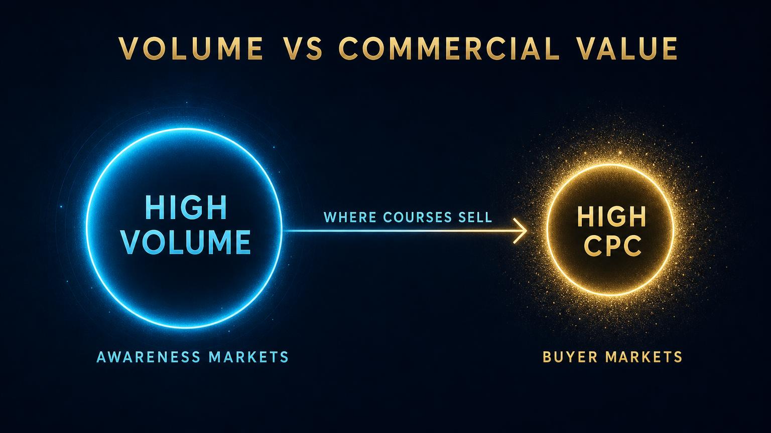Diagram contrasting high-volume awareness markets for AI courses with high-CPC buyer markets