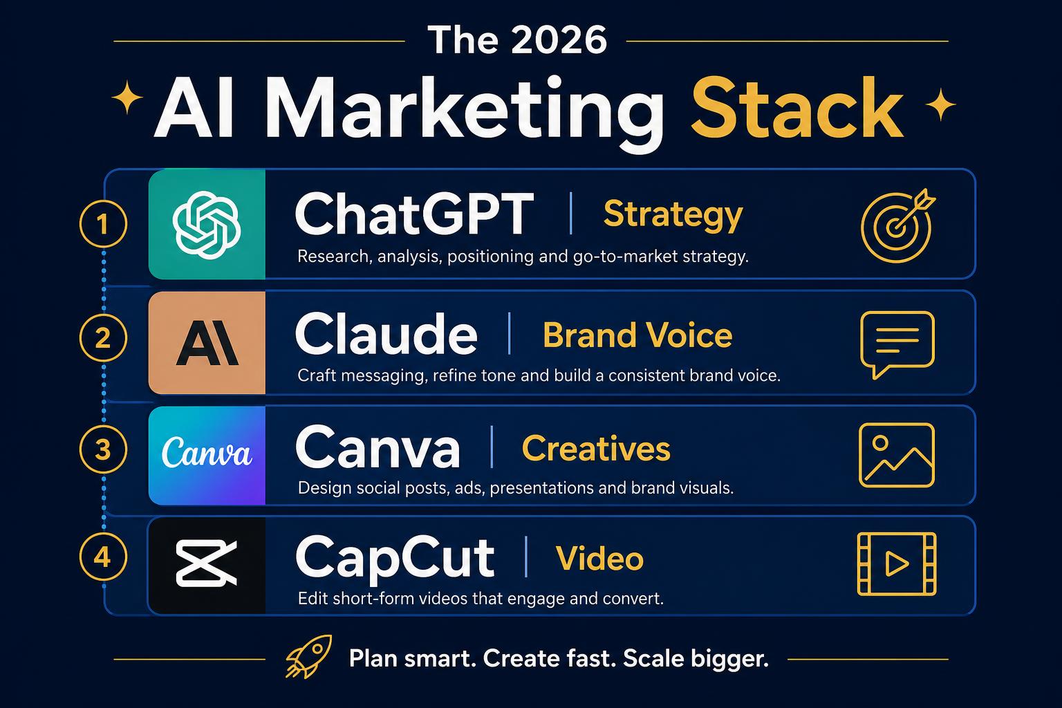 The 2026 AI marketing stack in four layers: ChatGPT for strategy, Claude for brand voice, Canva for creatives and CapCut for video