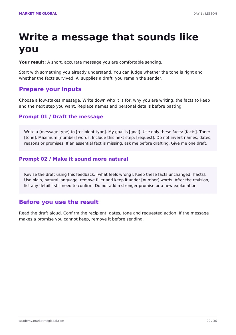 Preview of the Day 1 lesson page: writing a message that sounds like you