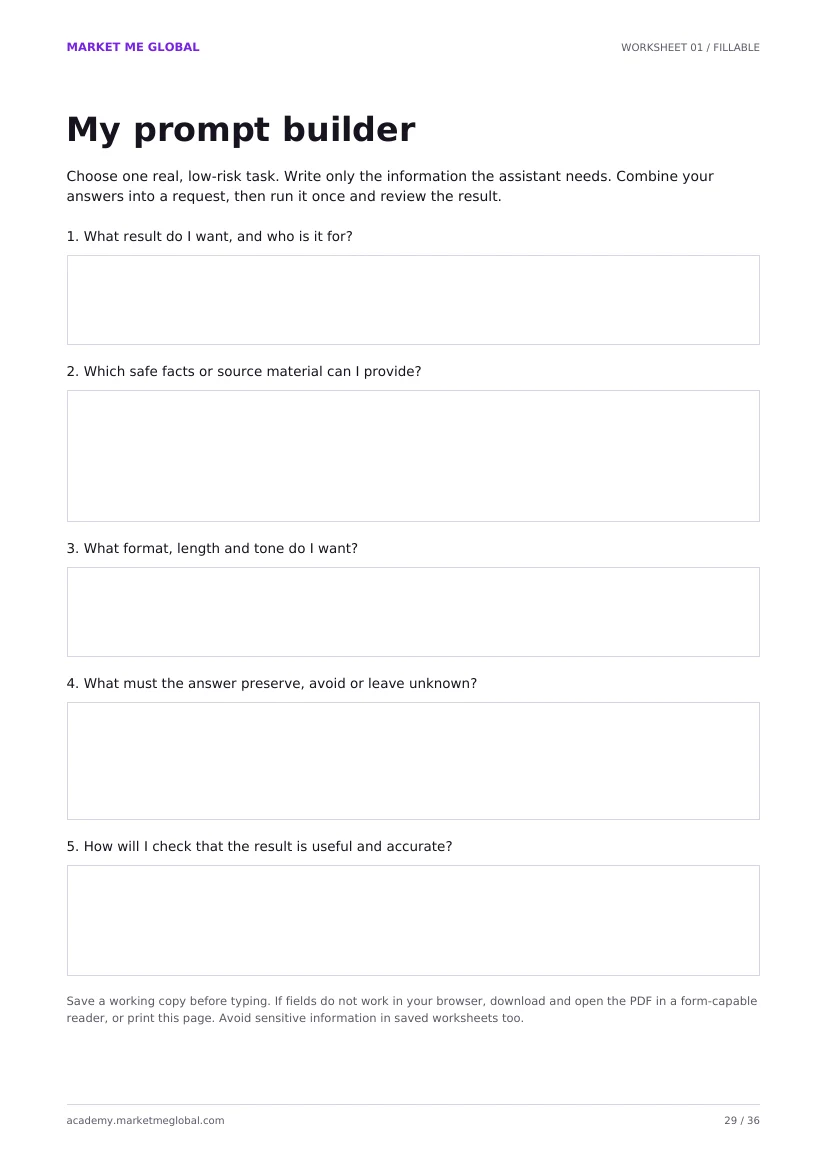 Preview of a fillable worksheet page from the AI for Beginners workbook