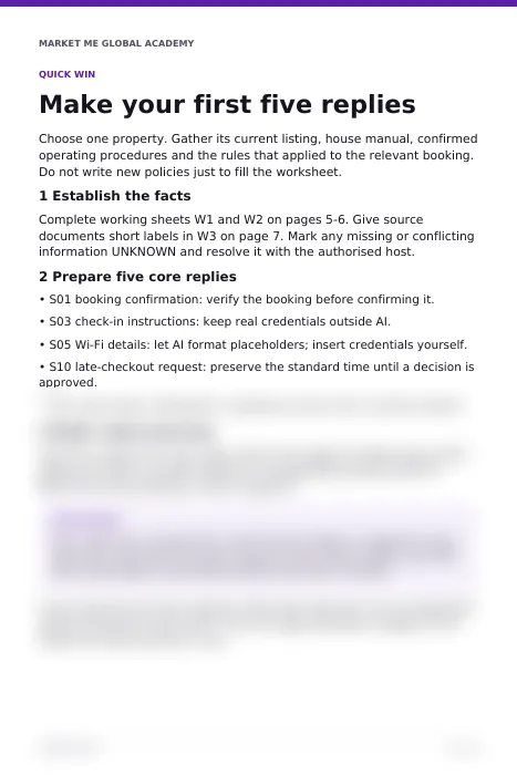 Partial preview of the quick-start page in the AI Guest Message Kit