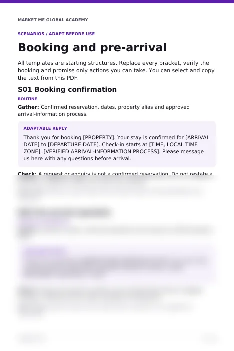 Partial preview of a scenario template page in the AI Guest Message Kit