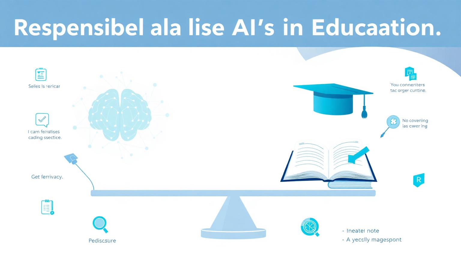 A balanced scale showing an AI brain on one side and a graduation cap with a book on the other, surrounded by checklist, shield and magnifying glass icons, representing responsible AI use in education