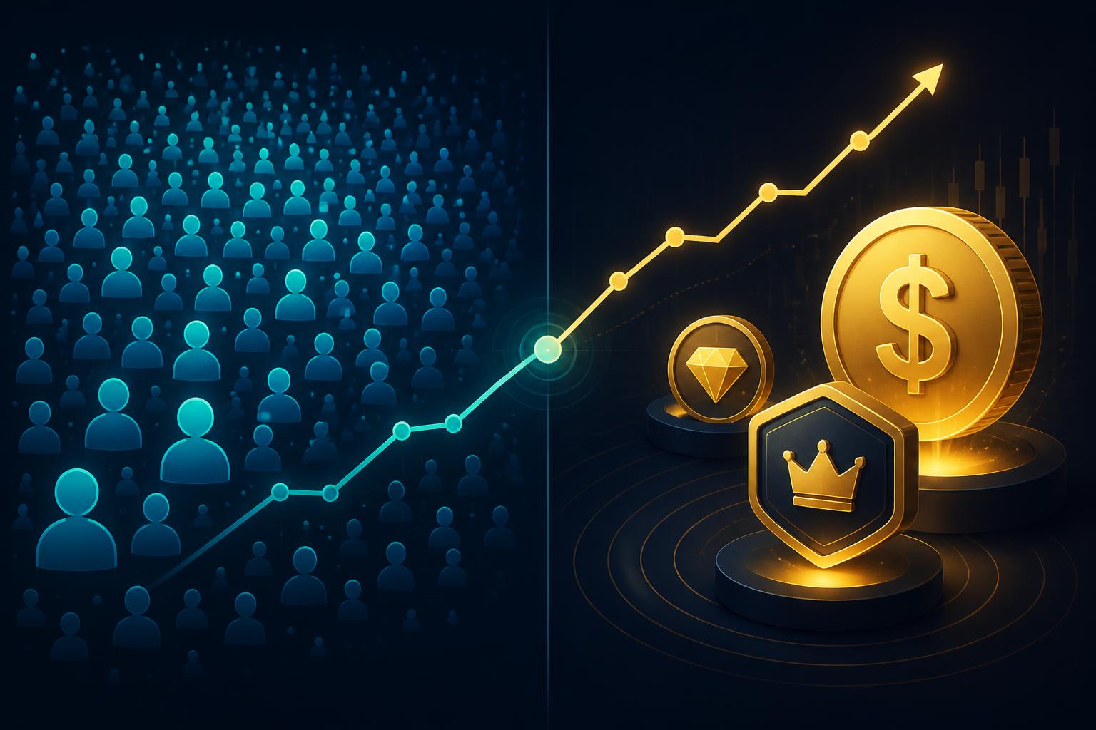 Split illustration comparing high search volume for AI learning on one side with high commercial value per learner on the other, joined by a rising trend line