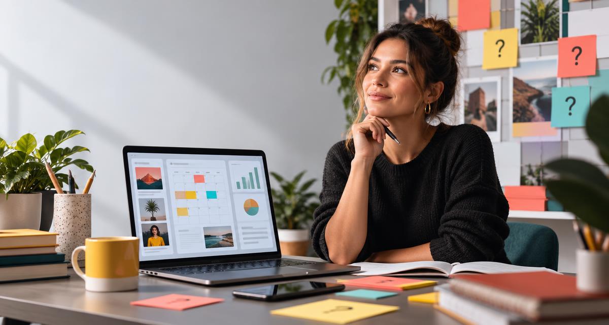 Questions people ask about creating AI marketing content A marketer planning AI-assisted content beside a campaign calendar and question notes