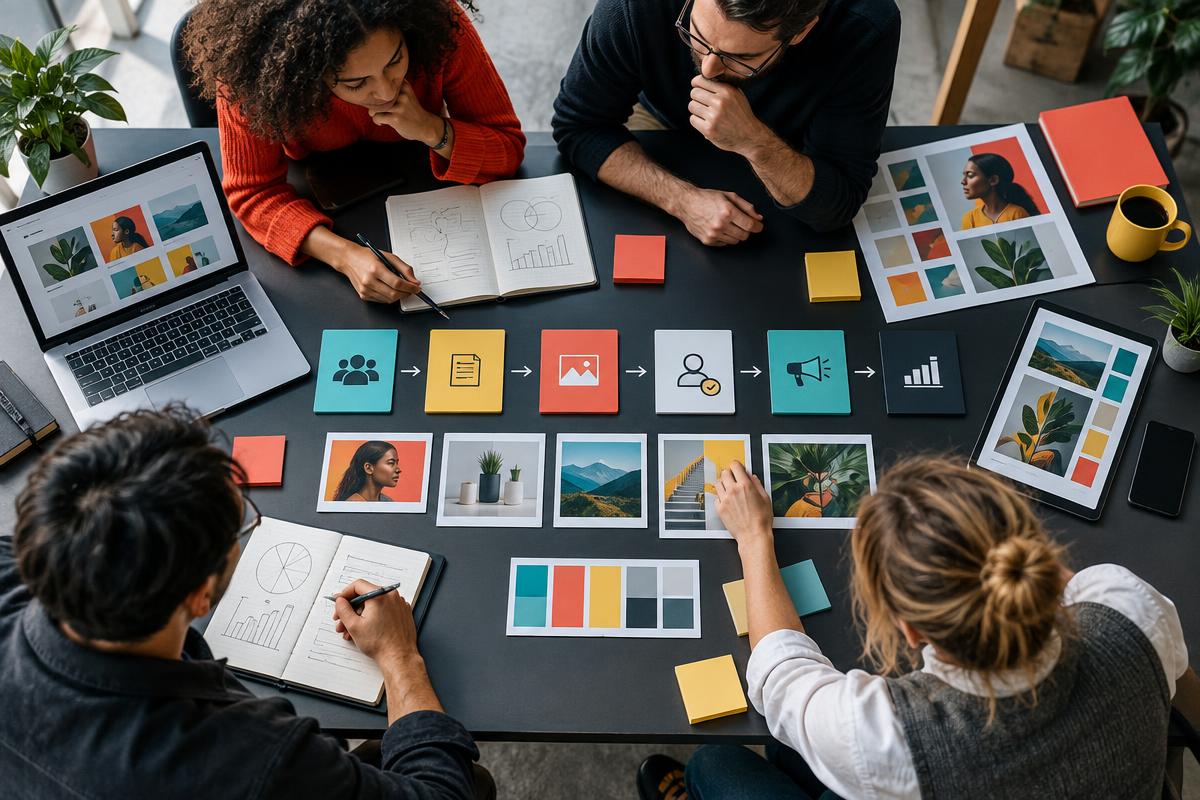 A human-reviewed AI marketing content workflow A marketing team reviewing the stages of an AI-assisted content workflow