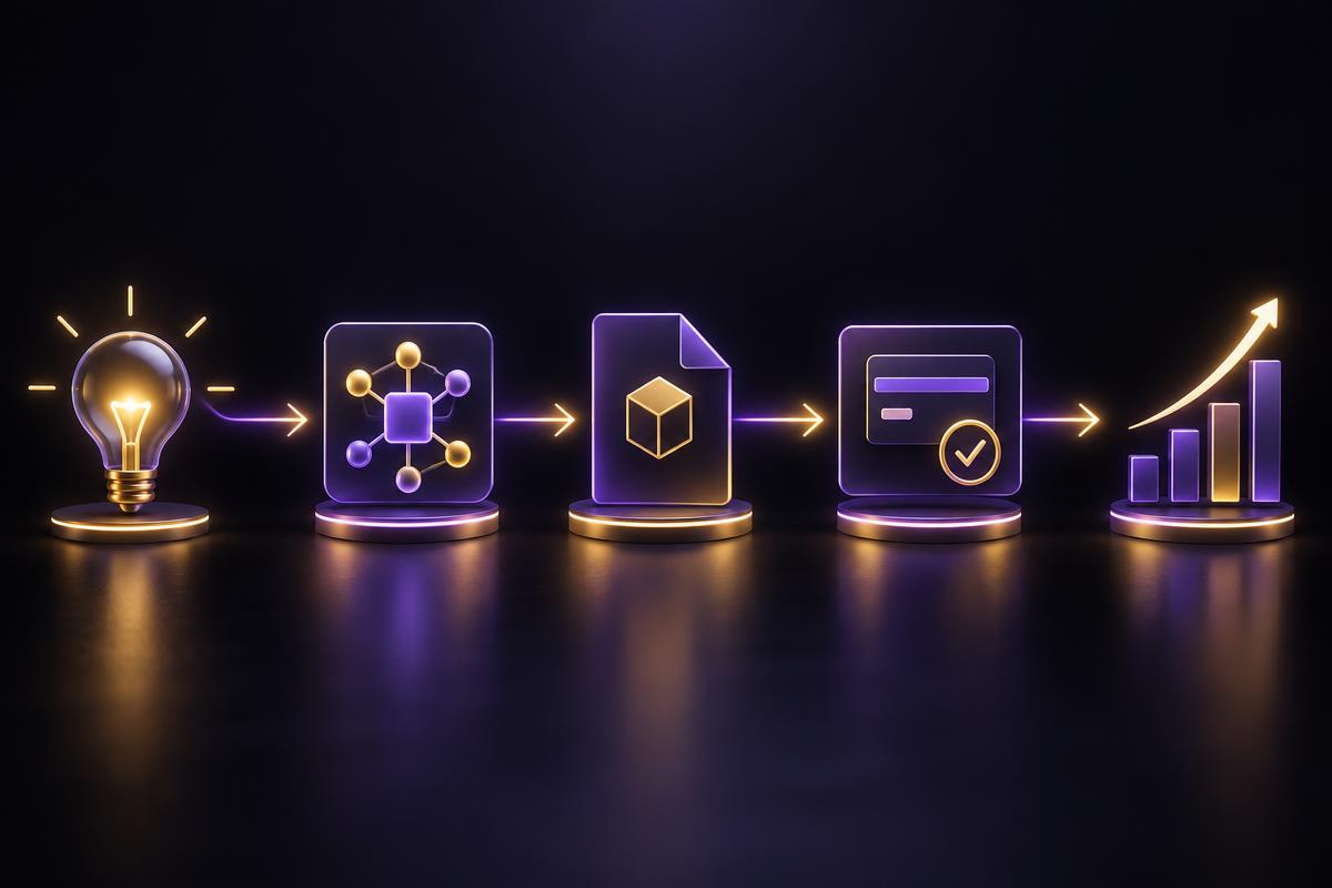 Diagram of an AI online income engine, from idea to AI workflow, digital product, checkout and growth
