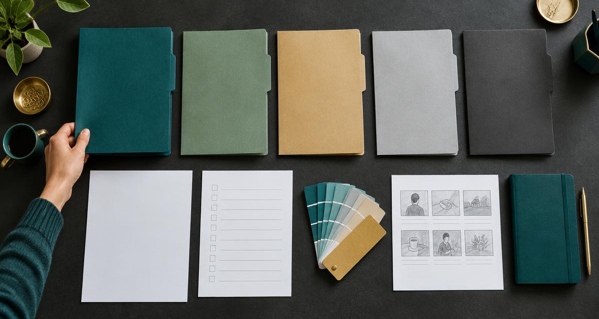 An illustrative desk arrangement with folders, checklists, brand swatches and a storyboard for choosing one business workflow