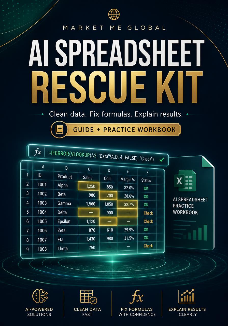 Cover of the AI Spreadsheet Rescue Kit, a PDF guide with a companion practice workbook