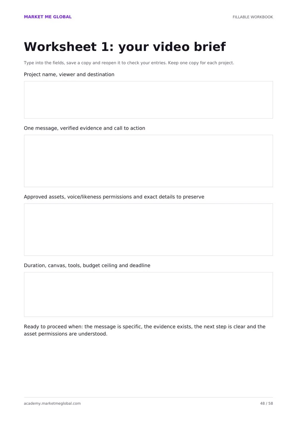 Preview of a fillable worksheet page from the AI Video Creator Playbook workbook