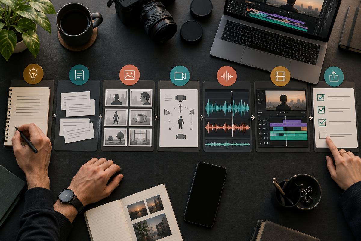 Seven connected stages for planning, scripting, producing, editing and publishing an AI video