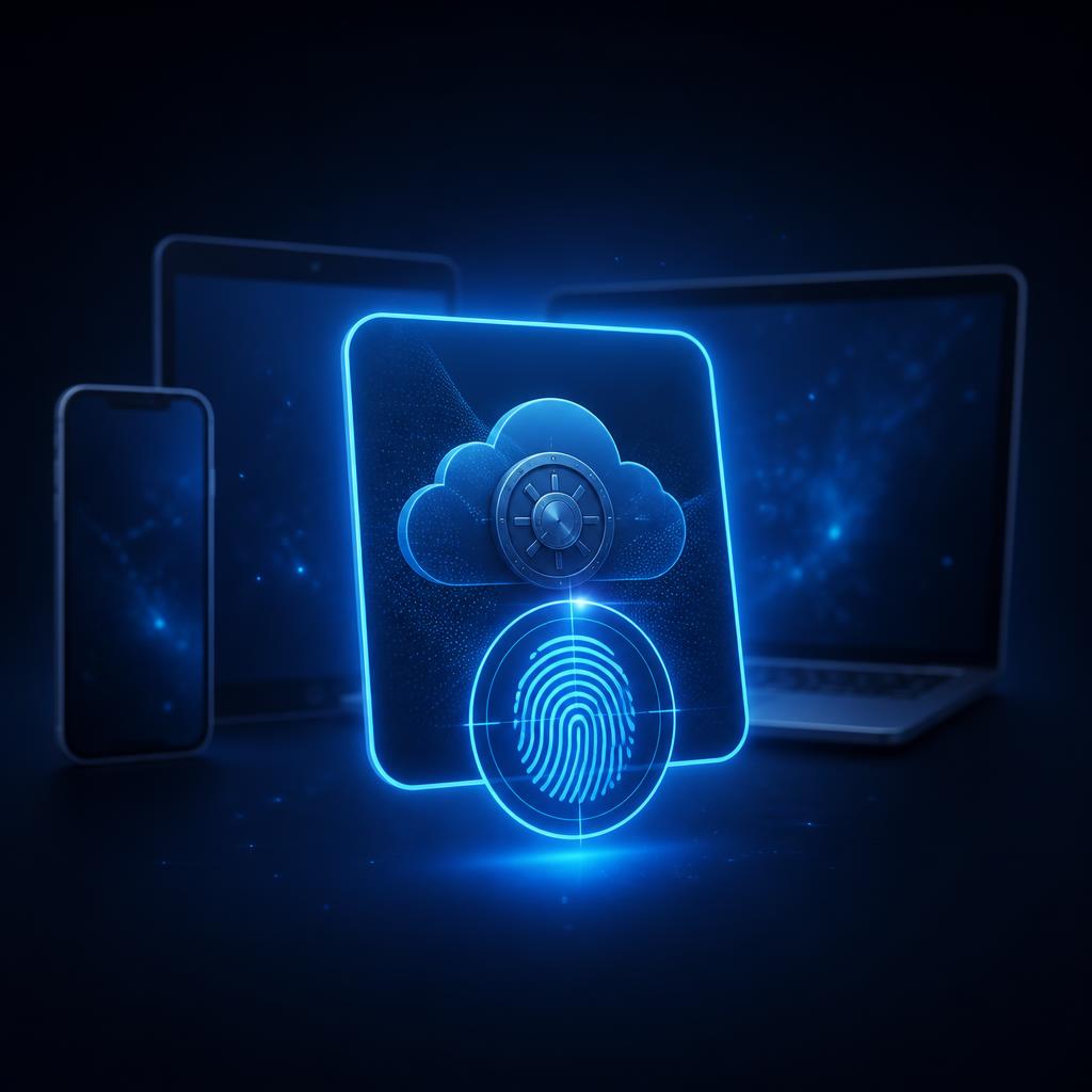 A prompt card unlocked with a fingerprint scanner, syncing across a phone, tablet and laptop, AIQuickPrompt biometric lock for your highest-value prompts.