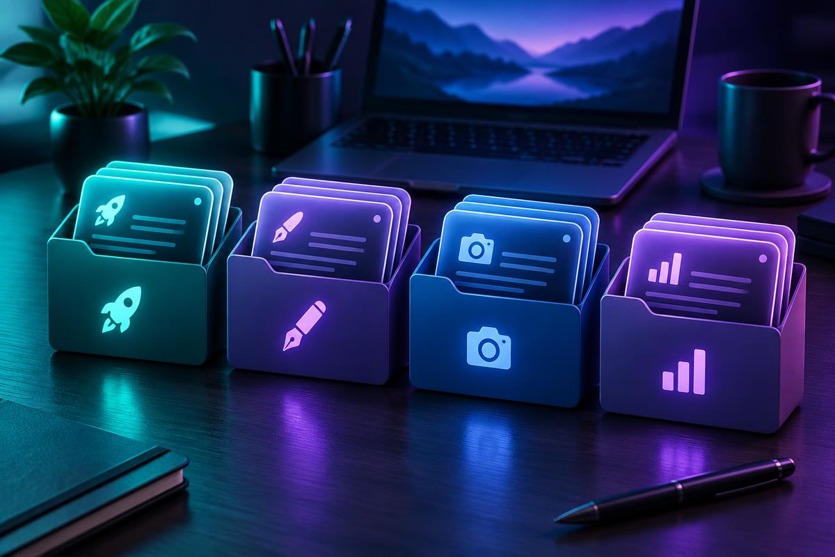 Prompt cards organised into folders with custom rocket, pen, camera and chart icons