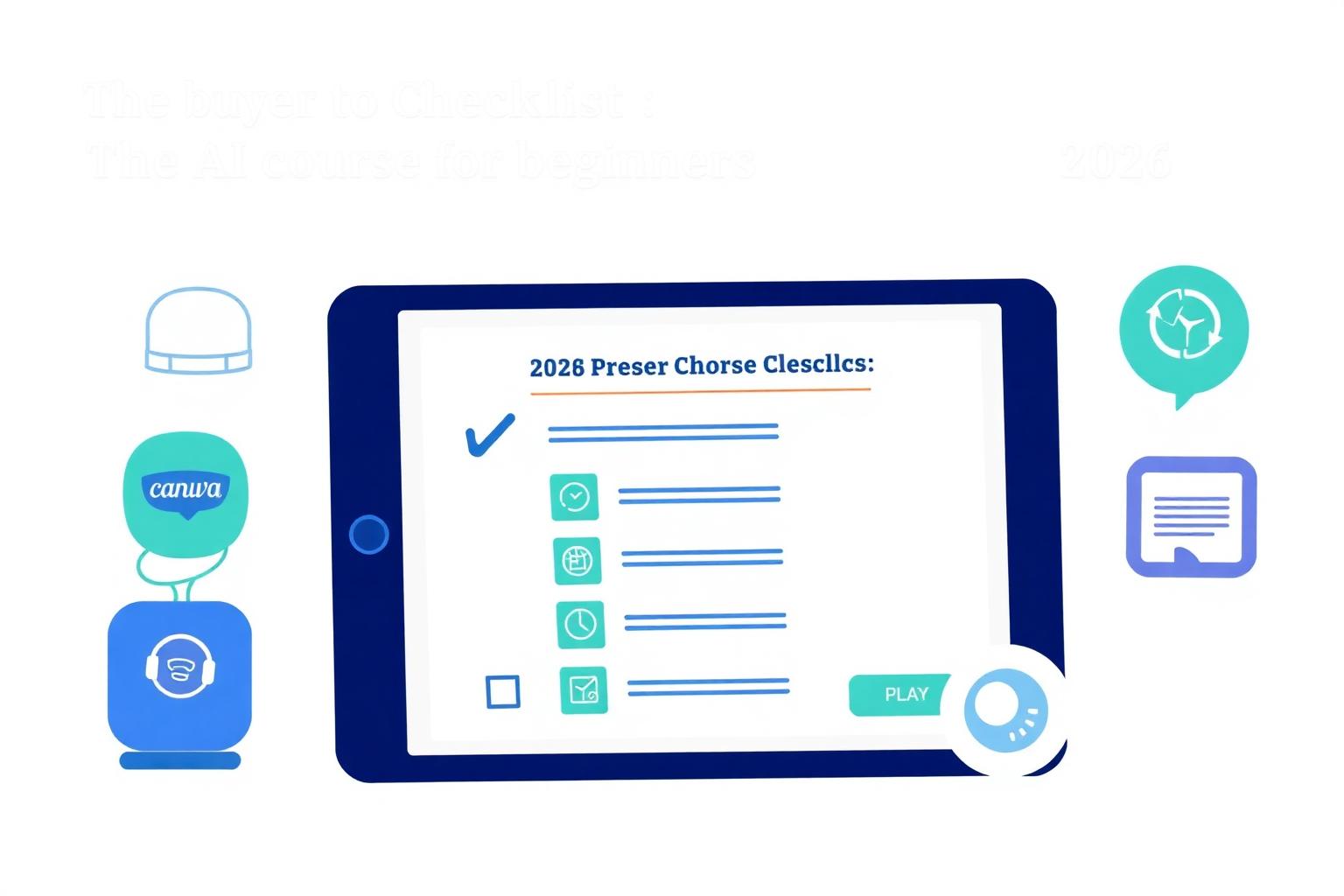 A 7-point buyer's checklist infographic for choosing the best AI course for beginners in 2026, covering models, workflows, prompt packs, verification, portal, certificate and free preview