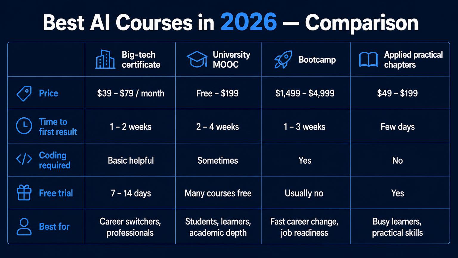 Comparison table of the best AI courses in 2026 comparing big-tech certificates, university MOOCs, bootcamps and applied practical chapters across price, time to first result, coding required, free trial and best for