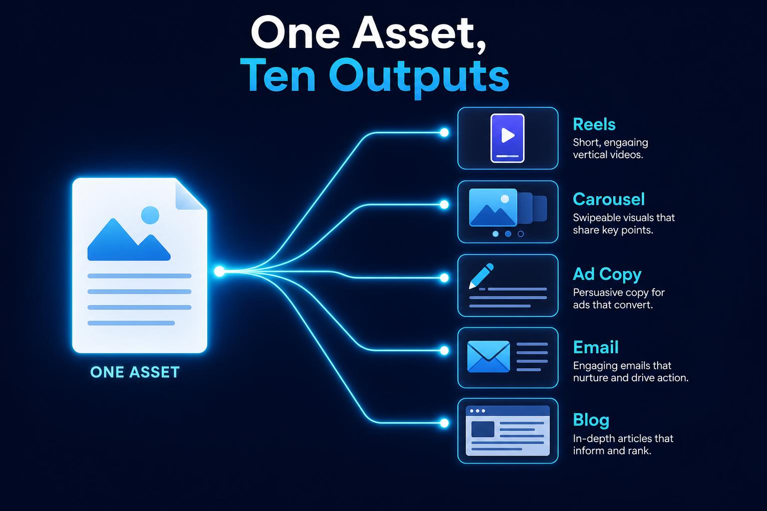 Repurposing diagram showing one long-form asset branching into Reels, carousel, ad copy, email and blog outputs