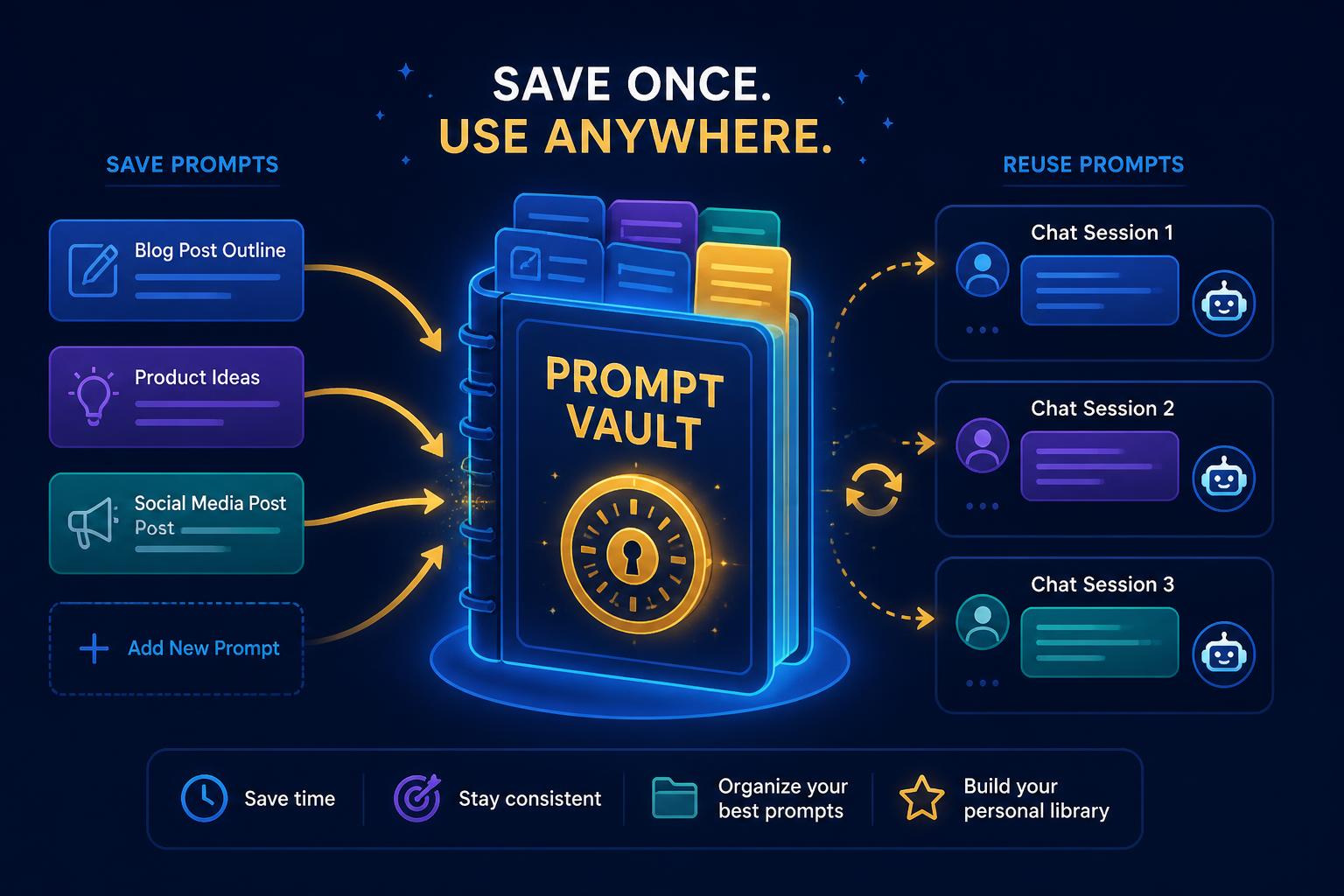 A prompt vault concept showing reusable prompt cards stored in a digital notebook and reused across multiple ChatGPT sessions