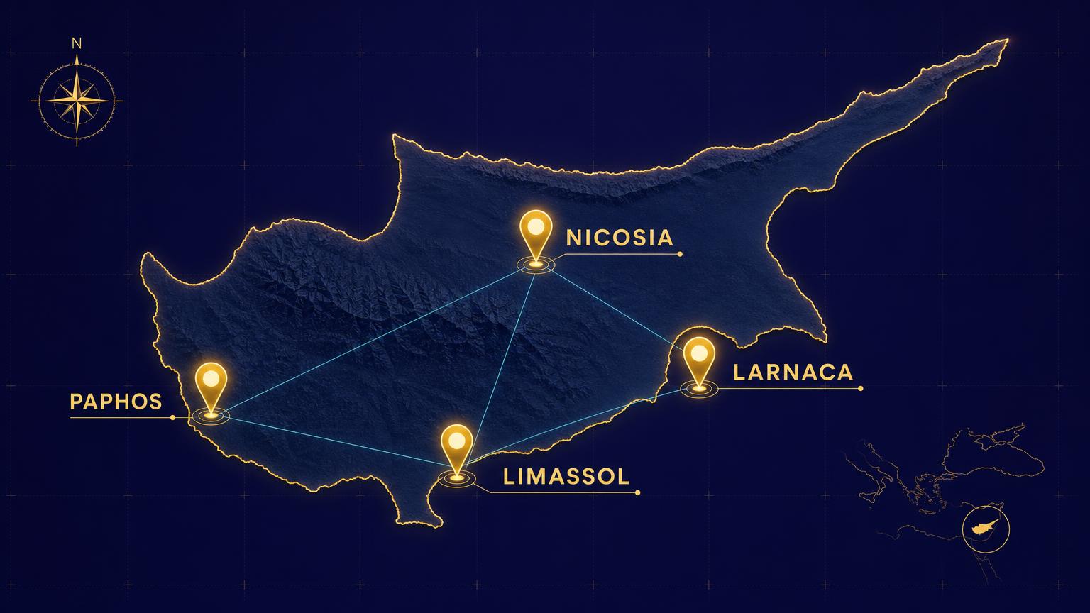 Map of Cyprus marking AI training locations in Paphos, Limassol, Nicosia and Larnaca