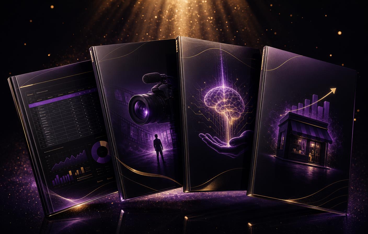 The four Market Me Global digital downloads: AI for beginners workbook, spreadsheet rescue kit, video creator playbook and small business AI action kit
