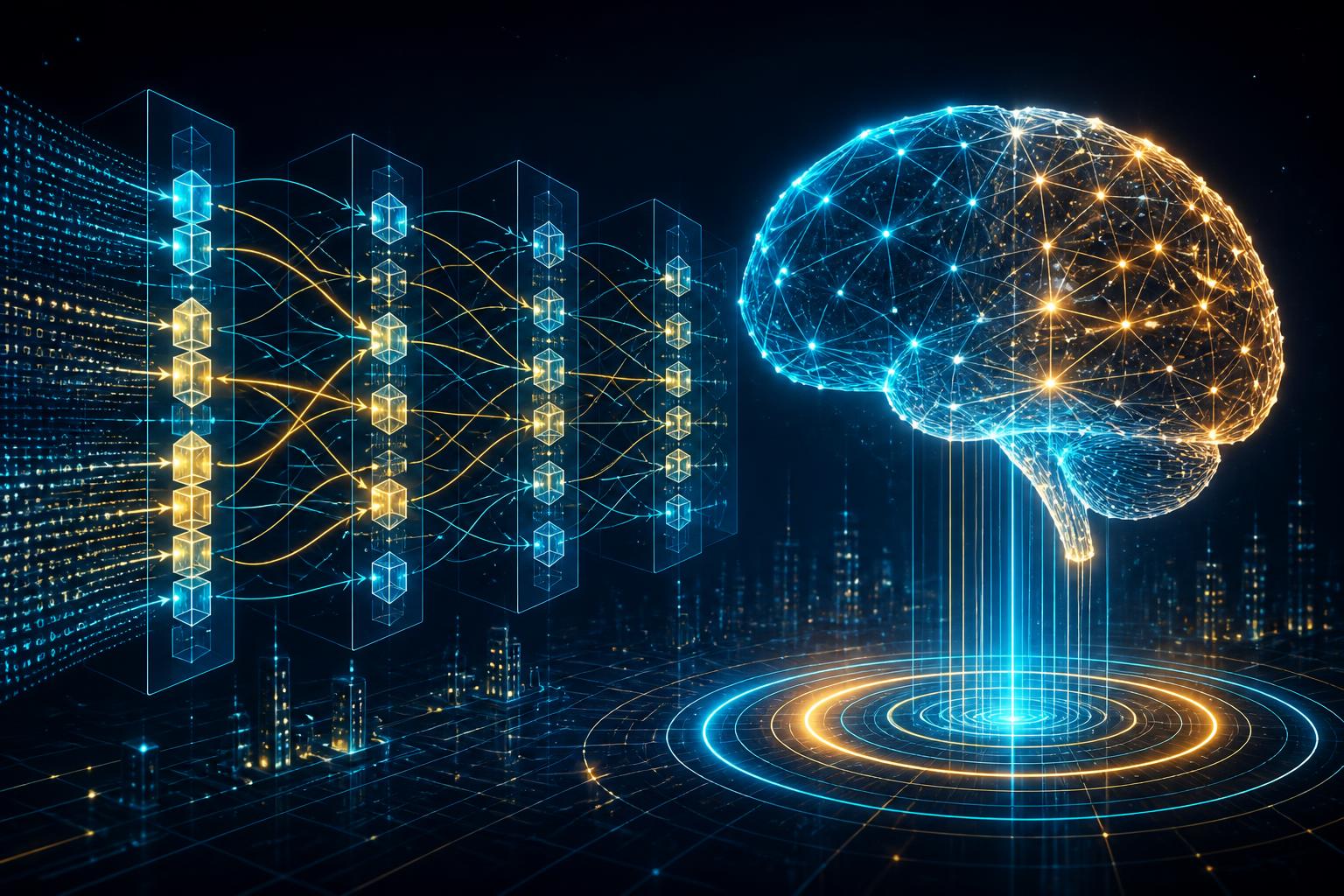 The transformer neural network architecture visualised as a glowing three-dimensional mesh of attention layers forming into a luminous AI brain, with cyan and gold light streams.