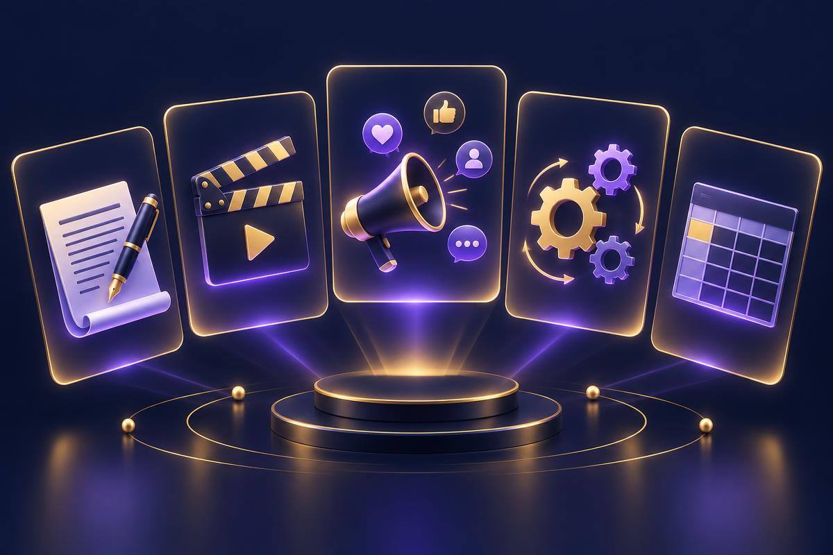 Five glowing service cards: content writing, video production, social media, automation and spreadsheet cleanup