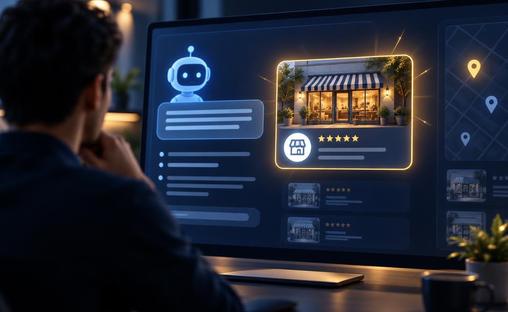 How to get your business recommended by ChatGPT and Google AI Overviews A small business brand highlighted inside an AI assistant answer panel on a large screen