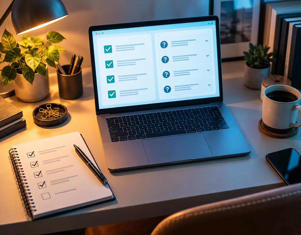 Seven-step GEO checklist for AI search visibility A laptop showing a structured checklist and FAQ rows beside a notebook with ticked boxes