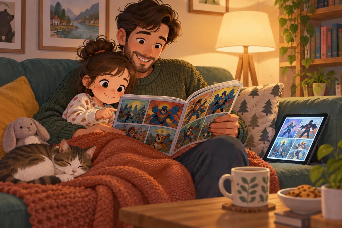 A parent and young child reading a colourful comic book together on the sofa