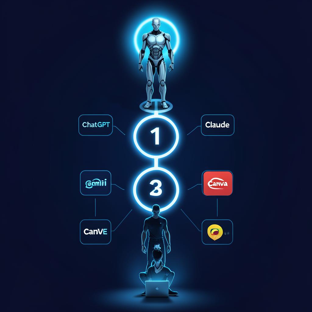The Market Me Global learning roadmap | a glowing path climbing through three milestone nodes from a laptop at the base to a half-human half-cyborg figure at the top, with ChatGPT, Claude, Gemini, Canva and CapCut chips floating around, on a deep navy background with electric blue glow.