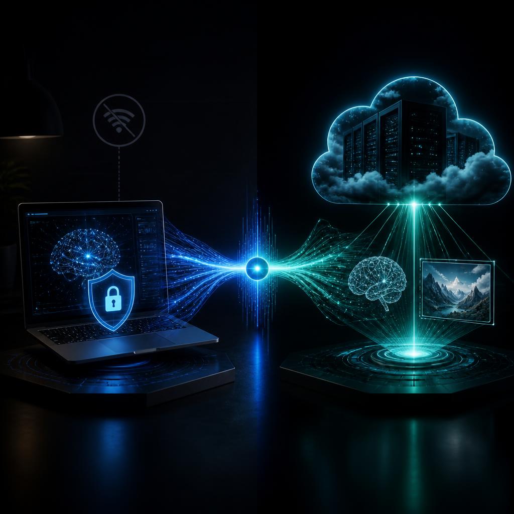 A hybrid AI workflow diagram | a shielded offline laptop running local LLMs connected by a glowing blue bridge to a cloud server for reasoning and image generation, one skillset, two engines.