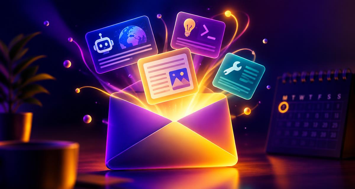 A glowing envelope releasing cards for AI news, prompts, blog articles and tools