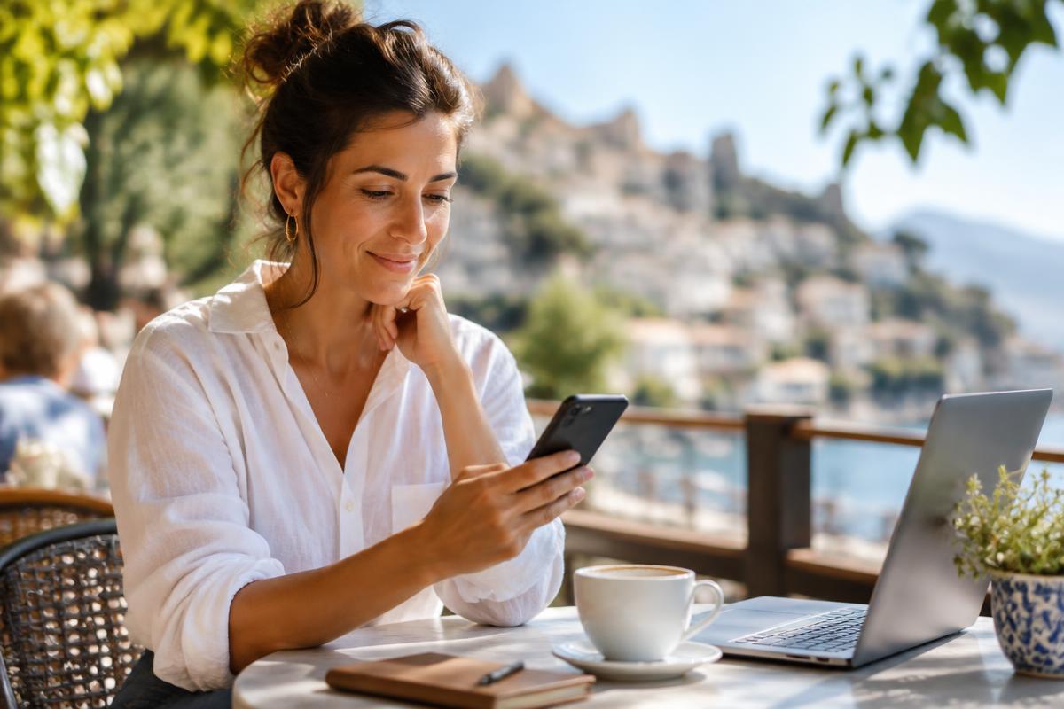 Small business owner reading a newsletter on her phone at a seaside cafe