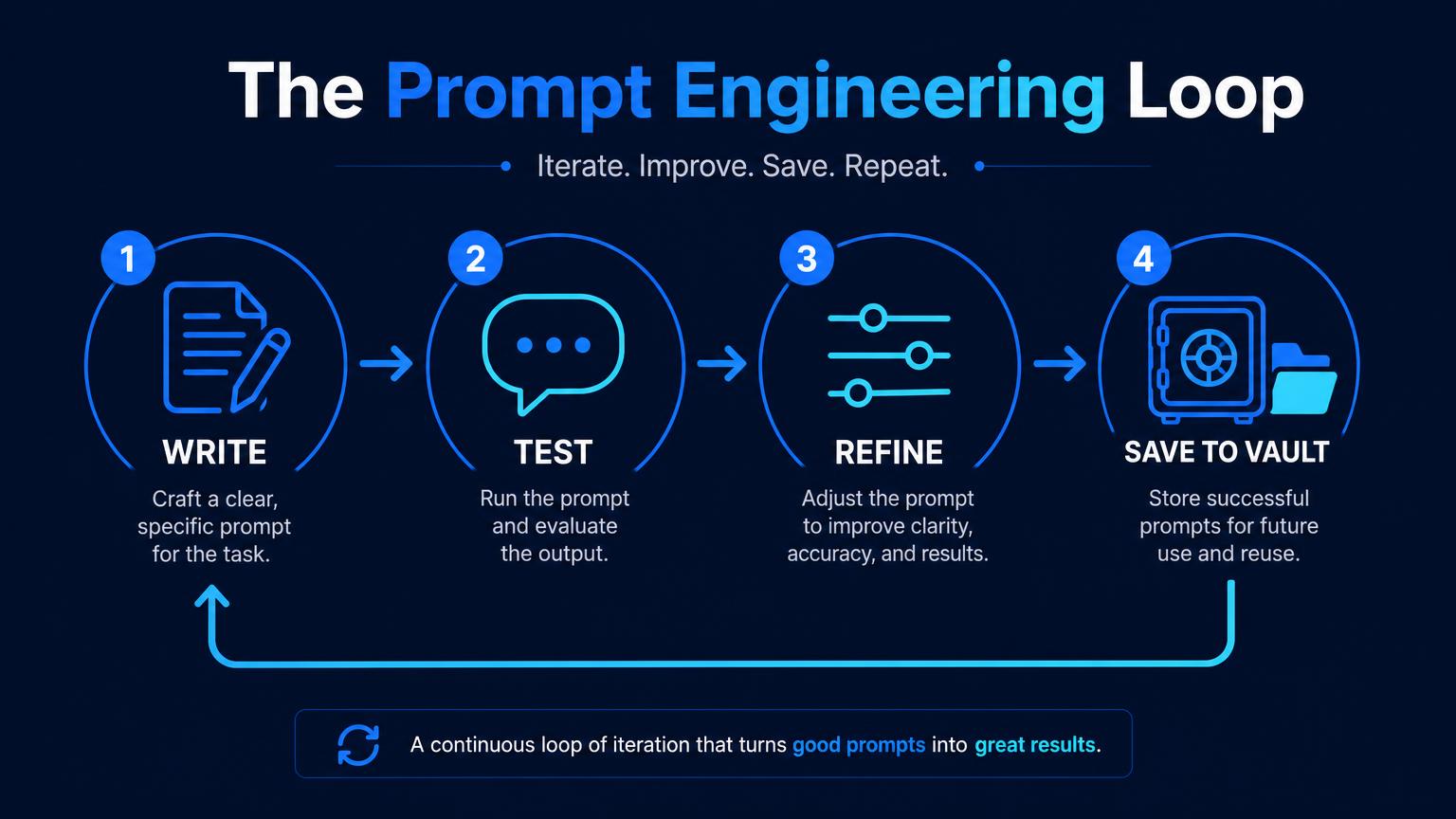 Infographic titled The Prompt Engineering Loop showing four steps, write, test, refine and save to vault, connected in a continuous cycle
