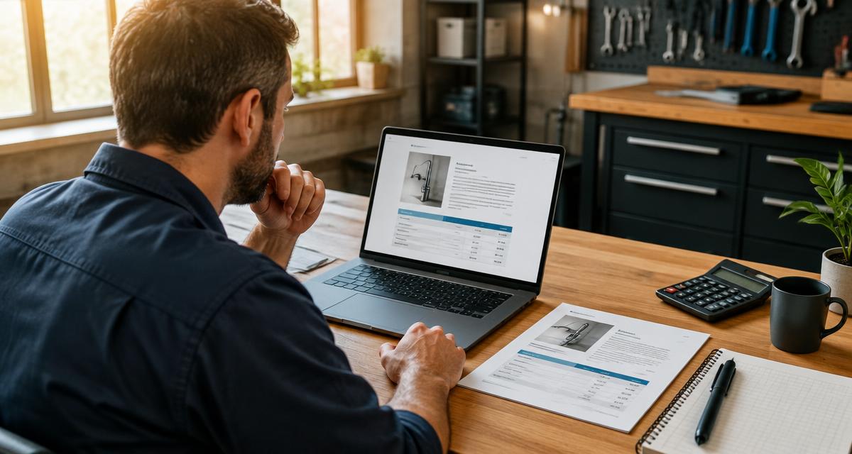 Tradesperson reviewing a professional client quote on a laptop with a calculator