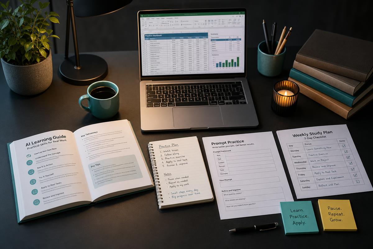 A self-paced AI learning routine with prompts and worksheets Self-paced AI study desk with a practical guide, prompt worksheet, seven-day checklist and spreadsheet workbook