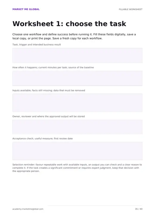 Preview of a fillable worksheet page for choosing and measuring an AI task
