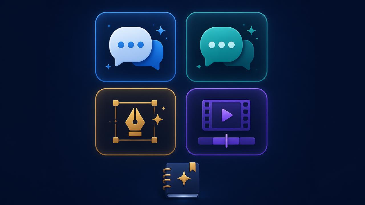 Beginner AI toolkit: two chat assistants, a design tool, a video editor and a notebook for saved prompts