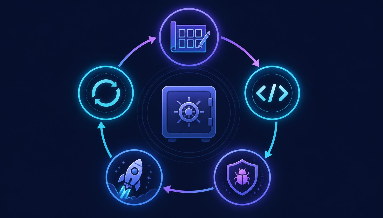 Five-step vibe coding loop around a central prompt vault: specify, build, review for security, launch, then iterate